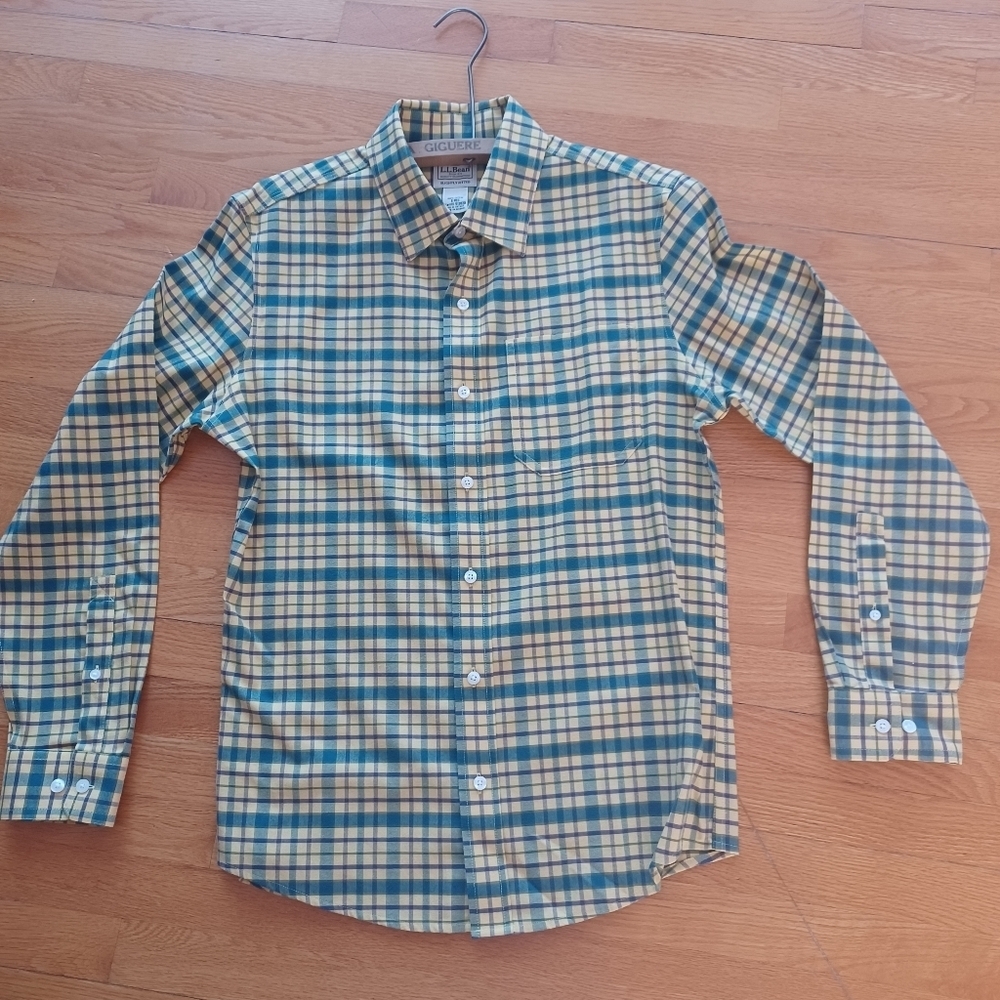 LL Bean Men Small 100% Cotton Slightly Fitted Scottish Plaid Shirt GreenYellow